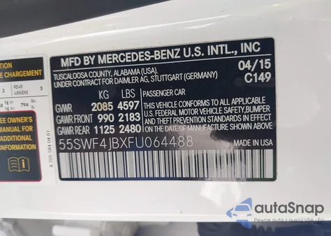 2015 Mercedes-Benz C 300 Luxury/Sport из США, поврежденный, VIN 55SWF4JBXFU064488